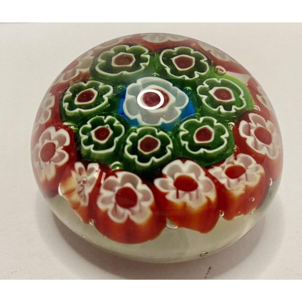 Murano‎ Italy Art Glass Millefiori Paperweight Blue Red Green Flowers 2” AsIs